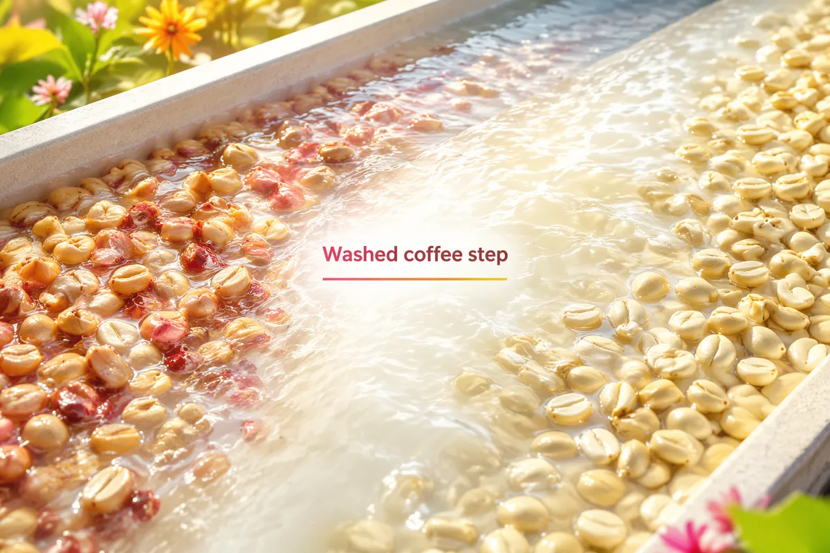 Depulped coffee beans in a shallow wash channel: beans still coated in reddish mucilage on the left, clean pale parchment beans in clear water on the right